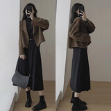 欧迪惠法式连衣裙女装2025年秋季新款衣服套装毛呢外套女秋冬小香风裙子 咖色毛呢外套+黑色裙 S 【80-95斤】