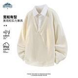 顶峰保罗（Dingfengbaoluo）卫衣假两件男夏季衬衫领复古潮流宽松套头休闲长袖XCD31杏色L