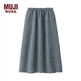 无印良品 MUJI 女式 法国亚麻 抽褶裙 深海军蓝X条纹 M