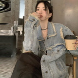 凡伊蔚牛仔外套女秋季2025新款女装秋装百搭高级感小个子洋气休闲薄外套 浅色毛边领破洞牛仔外套 L 【建议111-135斤oversize风格】