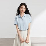 伯德小姐蓝色雪纺短袖衬衫女小个子穿搭职业上衣考公面试正装衬衣