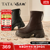 他她（TATA）加绒喵爪靴2025秋冬百搭时装靴女瘦瘦短靴新款弹力靴CEG07DZ5 黑色 37
