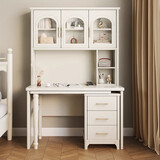 实木书桌书架一体折叠转角电脑桌奶油风写字台学习桌带书柜办公桌 奶油白1.2米书桌-不含椅子【可旋转桌面+不分左右】 送货上楼包安装