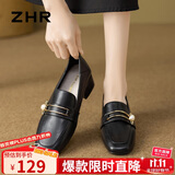 ZHR单鞋女复古方头珍珠扣乐福鞋女粗跟增高两穿显瘦女鞋 K170黑色 37