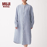 无印良品 MUJI 女式 法国亚麻水洗 立领连衣裙 BCL05C0S 深海军蓝X条纹 S