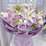 馨仪鲜花速递康乃馨百合送长辈爱人生日礼物全国同城配送 紫玫瑰白百合混搭花束【伊人如诗】