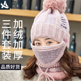 向野帽子女冬季毛线帽套头帽防风骑车骑行加厚保暖防寒包头帽围脖套装 粉色（帽子+口罩+脖围）可拆卸
