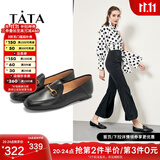 他她（TATA）方头乐福鞋女休闲平底一脚蹬小皮鞋女单鞋春秋款FLC22AM4 黑色 38