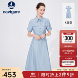 Navigare意大利小帆船连衣裙女士夏季短袖显瘦百搭衬衫裙通勤时尚收腰长裙 邦迪蓝 L 码