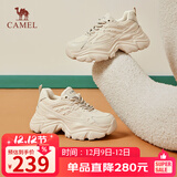 骆驼（CAMEL）老爹鞋女网布皮面拼接秋双系带厚底休闲鞋 L24S283079 杏色 37