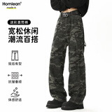 Homlean弯刀牛仔裤迷彩裤男秋季工装裤美式高街直筒微喇长裤HC20军绿2XL