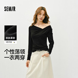 森马（Semir）长袖T恤女春季短款不对称荡领斜肩露肩紧身2026上衣109126101001