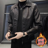 新款翻领皮夹克潮流修身机车休闲韩版CLp推翻领加绒皮夹克jd 黑色加绒 M 建议90-100斤