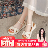 达芙妮官方凉鞋女平底百搭鞋子女2025新款夏季软底舒适一字带凉鞋女 米白色【软底舒适3.5CM】 36