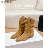 百丽踏赵露思同款内增高褶皱堆堆靴女尖头高跟短靴复古美拉德马丁靴子 卡其色加绒 39