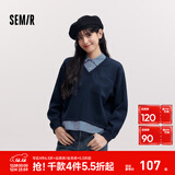 森马（Semir）森柔|森马卫衣女春季短款假两件条纹宽松翻领开叉设计感气质衣服 紫蓝80635 S
