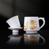 景德镇（jdz）陶瓷茶杯家用白瓷茶水分离茶漏杯办公杯中式马克杯新年礼物鹿鹿顺