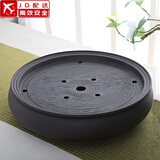 正扬紫砂茶盘托盘圆型手工小号功夫茶具套装办公茶台陶瓷干泡盘储水盘 14英寸紫砂双龙戏珠-黑色