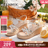 天美意凉鞋女商场同款坡跟编织花朵一字带女鞋COO05BL3 米白 38