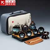 建盏功夫茶具套装家用窑变天目釉茶杯茶壶茶盘陶瓷钧窑沙金泡茶器 大套(沙金釉美人壶)旅行套装-长方条纹黑