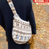 GIOIO秋冬毛绒包包斜挎包女生2026新款毛呢托特包休闲百搭大容量通勤包 蓝色雪花【弧底】肩带抽绳 单肩可斜挎