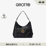 GROTTO个乐经典黑石hobo包大小号植鞣绵羊皮腋下单肩斜挎软包通勤礼物 经典黑 金标L
