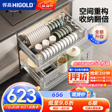 悍高（HIGOLD） 厨房橱柜拉篮碗架抽屉式碗篮加厚304不锈钢底板调味篮双层碗碟篮 600柜2层-时尚304实心圆钢线条篮