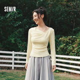 森马（Semir）长袖T恤女春季短款不对称荡领斜肩露肩紧身2026上衣109126101001