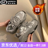 回力四季松糕厚底老爹鞋女冬季小个子增高2025春季新款网面透气休闲运动鞋 银色加绒（专柜品质） 36 （专柜品质）