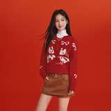 森马（Semir）红色毛衣女26骐骥红小飞马提花蝴蝶结新年高光套头衫109126107004