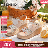 天美意凉鞋女商场同款坡跟编织花朵一字带女鞋COO05BL3 米白 38