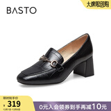 百思图秋季商场新款舒适乐福鞋高跟鞋羊皮鞋粗跟女单鞋KA103AA3 黑色 36