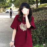 娇茹妮 100纯棉短袖t恤女2025新款夏季宽松学生vintage设计感小众上衣潮 酒红色（260克100%纯棉重磅） M (83—105斤）