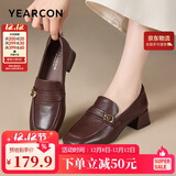 意尔康女鞋中粗跟方头乐福鞋复古英伦风通勤单鞋女 13380W深棕 37