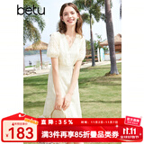 百图betu女装夏季新款连衣裙V领绣花花边拼接X型连衣裙女2403D07 米白 L