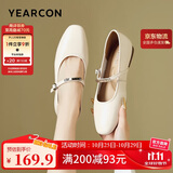 意尔康女鞋玛丽珍羊皮复古小皮鞋平底法式单鞋 27146W 米白色 37