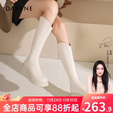 达芙妮厚底V口长筒靴女2025秋冬爆款女靴高筒靴显瘦百搭增高骑士靴子女 米白色【加绒款】 37