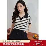 独束大码女装清凉感针织条纹短袖T恤女夏季新款微胖mm气质翻领上衣 黑白条纹 M