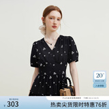 范思蓝恩23FS12642茶歇法式碎花连衣裙女夏季新款V领沙滩长裙 黑底白花 L