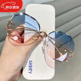 霏扬2023新款无框水晶切边多边形眼镜防晒遮阳墨镜女士复古太阳眼镜女 金框渐变蓝粉 墨镜+镜盒+镜布