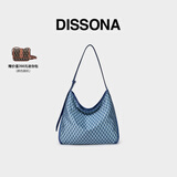 DISSONA迪桑娜女包幸运锦囊hobo包老花包单肩手提包情侣通勤包中性腋下包 牛仔色-大号（肩带可调节）