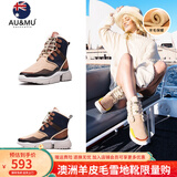 AU&MU澳洲雪地靴女冬季皮毛一体防滑坡跟短筒靴子男女大码羊毛加绒棉鞋 蓝色/沙色 【羊皮毛一体】201 38