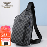 法莱阿玛尼（FALAMAONE）品牌真皮胸包男牛皮单肩斜挎包手机腰包生日礼物送男友老公送爸爸 黑色格子胸包/XB205 通勤风