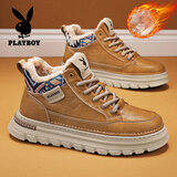 花花公子男鞋冬季2025新款加绒保暖棉鞋子男高帮雪地靴厚底马丁靴休闲板鞋 麦色【加绒款】 41