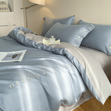 乐全长绒棉四件套全棉纯棉2025新款轻奢裸睡亲肤床单被套南通床上用品 拼色-海清+浅灰 1.5米 床笠款 四件套适合200*230被芯