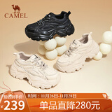 骆驼（CAMEL）老爹鞋女网布皮面拼接双系带厚底休闲鞋 L24S283079R 杏色绒里 37