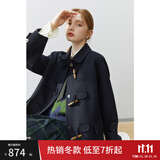 范思蓝恩22FS4106韩系气质牛角扣大衣女秋冬学院风双面羊毛呢外套 藏青色 XS