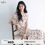 伊芙丽蒋欣代言V领高腰线长款碎花连衣裙女2025夏季新款气质茶歇裙 米白 L