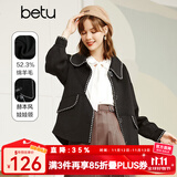 betu百图女装复古翻领赫本风娃娃领精致织带花边灯笼袖毛呢外套女2109T01 黑色 S