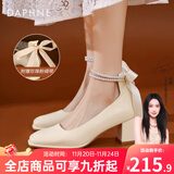 达芙妮高跟鞋女单鞋2025春季法式玛丽珍鞋蝴蝶结淑女小皮鞋粗跟女鞋婚鞋 珍珠米白【蝴蝶结】跟高 5.5cm 37